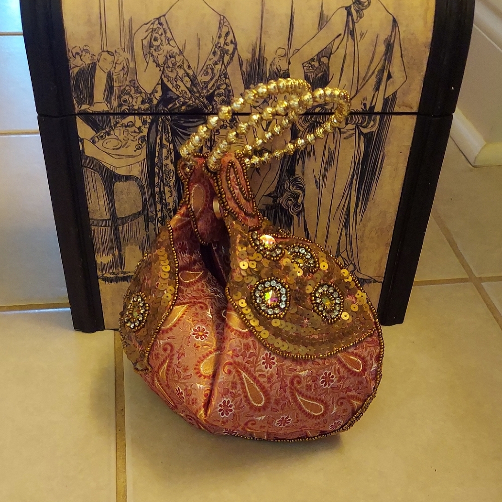 Cato Gold and Red Clutch with Ornate Beading